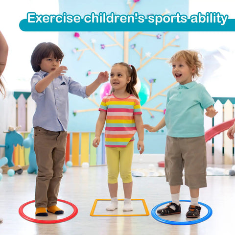 Children playing with Two Sets Hopscotch Outdoor Game Kit with Hoops and Squares, practicing agility on colorful hoops indoors.