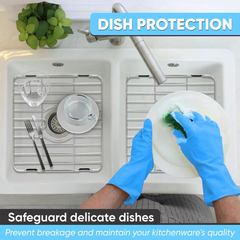 Person washing dish over stainless steel sink protector mat and grid for bottom of sink, durable kitchen sink rack.