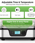 Five Tray Food Dehydrator With Seamless Seventy Two Hour Countdown And Smooth Temperature Controls, digital control panel showing time and temperature.