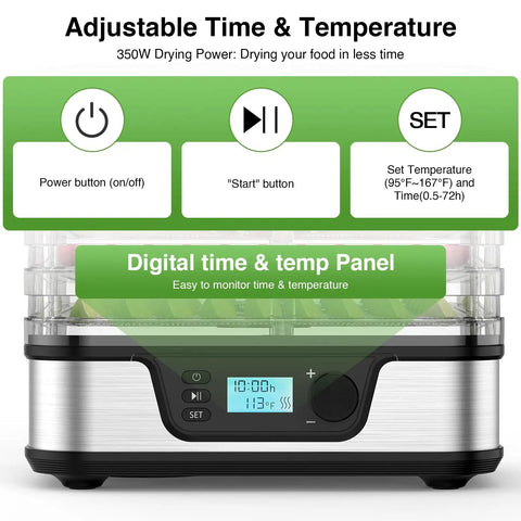 Five Tray Food Dehydrator With Seamless Seventy Two Hour Countdown And Smooth Temperature Controls, digital control panel showing time and temperature.