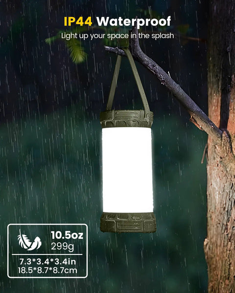 Brighter Than The Night Ultra Bright 135 LED Camping Lantern With 5000mAh Rechargeable Battery hanging on tree branch in rain