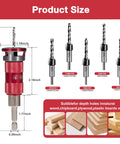 Product size diagram of 5 Piece HSS Countersink Drill Bit Set Featuring No-Nonsense Quick Adjust Depth Control and Lock-Tight Bearing Stopper.