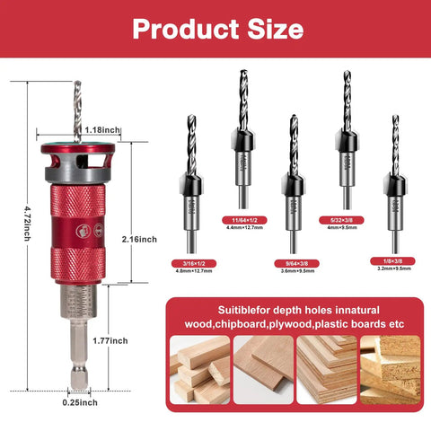 Product size diagram of 5 Piece HSS Countersink Drill Bit Set Featuring No-Nonsense Quick Adjust Depth Control and Lock-Tight Bearing Stopper.