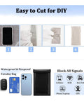Tutorial showing steps to cut Faraday Shielding Fabric For RFID And WiFi Blocker, with images of phone and Faraday bag.