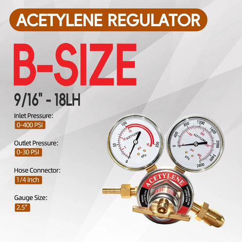 Pro Grade Oxygen And Acetylene Regulator Kit For Torch Welding With CGA540 And CGA510 Inlets Delivers 0 To 200 PSI Output From A 0 To 4000 PSI Inlet Includes Nine Sixteenth Inch Outlet Thread And One Quarter Inch Hose Connector. B-size 2.5-inch acetylene regulator with dual gauges
