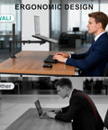 Adjustable Laptop Desk Mount Arm For 17 Inch Laptops And 32 Inch Monitors, Holds Up To 22 Lbs, Ventilated Tray, shown in ergonomic use.
