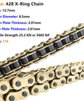 428 X Ring Drive Chain with 118 Links and Master Link for Motorcycle ATV Bicycle Go Kart Gold Finish, close-up of chain details