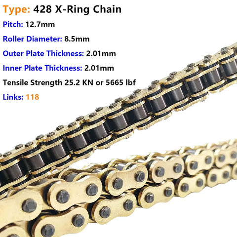 428 X Ring Drive Chain with 118 Links and Master Link for Motorcycle ATV Bicycle Go Kart Gold Finish, close-up of chain details