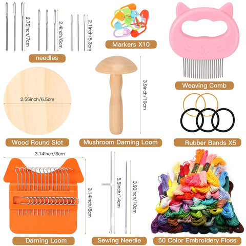 No-Fuss Mini Darning Loom Kit With 50 Color Threads For Quick Sock And Jeans Repairs, Includes Darning Mushroom Egg