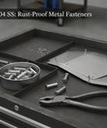 Rock Solid Semi Tubular Rivets 100 Pack 304 Stainless Steel Permanent Fasteners in a metal tray with pliers and sheet metal.