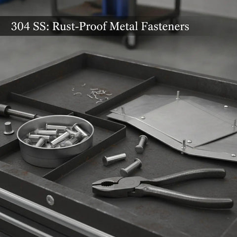 Rock Solid Semi Tubular Rivets 100 Pack 304 Stainless Steel Permanent Fasteners in a metal tray with pliers and sheet metal.