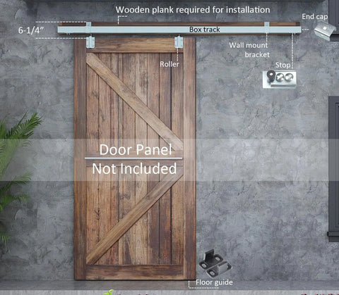 8 Foot Galvanized Box Track Sliding Barn Door Hardware For Exterior Use shown installed on wall with wood door illustration