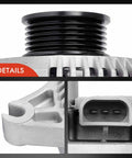Close-up of Beefed-Up 12V 130A Alternator for Ford Super Duty Trucks, showing pulley, mounting point, and electrical connector detail.