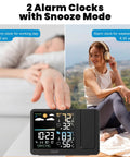 Projection Alarm Clock With Weather Station And Ceiling Projector For Bedroom Readouts Of Indoor Outdoor Temperature And Humidity Plus Auto Dim Backlight And WWVB Atomic Time Display, showing dual snooze modes.