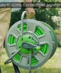 Metal Hose Reel Cart That Holds 100 Feet Of Five Eighth Inch Hose For Outdoor Watering And Storage No Fuss Easy To Move Lightweight Aluminum Frame With Plastic Handle For Seniors And Multi Story Homes