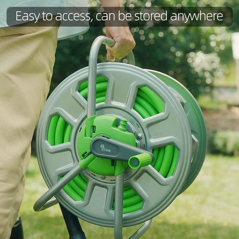 Metal Hose Reel Cart That Holds 100 Feet Of Five Eighth Inch Hose For Outdoor Watering And Storage No Fuss Easy To Move Lightweight Aluminum Frame With Plastic Handle For Seniors And Multi Story Homes