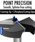Heavy Duty Three Piece Forstner Drill Bit Set With Carbide Tips And Solid Steel Core showing centering tip and cutting edges.