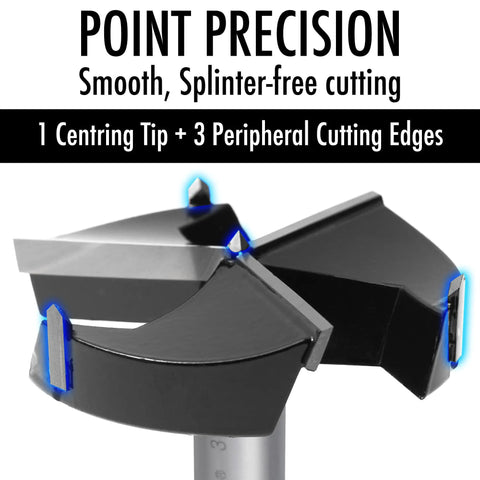 Heavy Duty Three Piece Forstner Drill Bit Set With Carbide Tips And Solid Steel Core showing centering tip and cutting edges.
