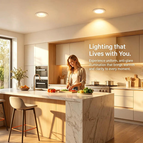 VOGHMOLD 12W LED Recessed Ceiling Light Glass Panel Downlight 6 inch in modern kitchen illuminating countertop.