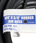 100 Foot Heavy Duty Badass Rubber Air Hose 3/8 Inch NPT Fitting 250 PSI Rated Kink Resistant Flexible EPDM Pipe For Air Compressor And Tools Garage Shop Industrial Sick Premium Quality Workhorse Gear No BS Durability, label close-up
