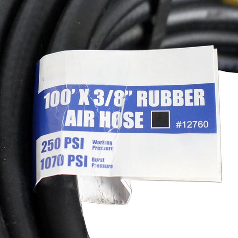 100 Foot Heavy Duty Badass Rubber Air Hose 3/8 Inch NPT Fitting 250 PSI Rated Kink Resistant Flexible EPDM Pipe For Air Compressor And Tools Garage Shop Industrial Sick Premium Quality Workhorse Gear No BS Durability, label close-up