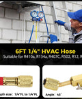 Technician using Three Piece 72 Inch Low Loss HVAC Refrigerant Hoses With Compact Ball Valve And Quarter Inch Flare Fittings Color Coded Yellow Red Blue Pro Grade Manifold Hoses For R410A R134A R22 R407C R12 R502 800 PSI Working Pressure
