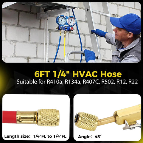 Technician using Three Piece 72 Inch Low Loss HVAC Refrigerant Hoses With Compact Ball Valve And Quarter Inch Flare Fittings Color Coded Yellow Red Blue Pro Grade Manifold Hoses For R410A R134A R22 R407C R12 R502 800 PSI Working Pressure