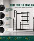 Golf Organizer For Bags And Gear With Adjustable Feet Holds Two Golf Bags And Five Metal Shelves shown with steel frame and shelves.