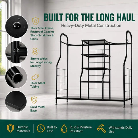 Golf Organizer For Bags And Gear With Adjustable Feet Holds Two Golf Bags And Five Metal Shelves shown with steel frame and shelves.