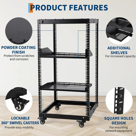 Rock Solid 20U Open Frame Network Rack Hella Sturdy Cold Rolled Steel Server Cabinet features powder coating and additional shelves.