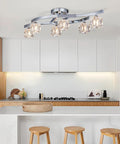 Modern Elegant Glass Crystal Ceiling Chandelier Six Light Chrome Flush Mount Lighting Fixture in a contemporary kitchen setting.