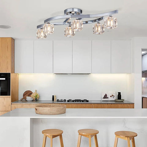 Modern Elegant Glass Crystal Ceiling Chandelier Six Light Chrome Flush Mount Lighting Fixture in a contemporary kitchen setting.
