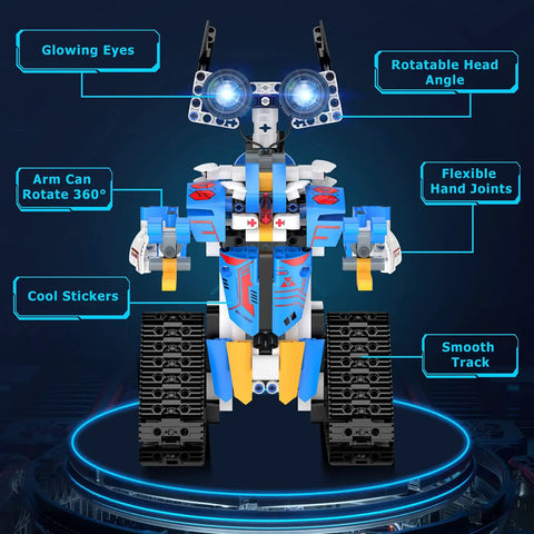 Epic Robot Building Kit For Kids Aged Eight To Sixteen With App Or Remote Control Programmable STEM Toys featured with glowing eyes, rotatable head angle, flexible hand joints, and more.