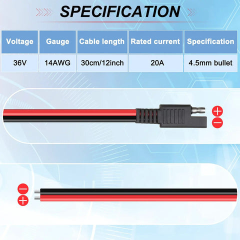 16 Pack SAE 2 Pin Quick Connectors Extension Cables 14 AWG 1 Ft Wire Harness For 12V Motorcycle Car Solar Panel Battery Charger And Automotive Use Red And Black Polarity Included, 36V 14AWG 12in cable with 4.5mm bullet connector