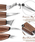 7 In 1 Wood Carving Kit For Beginners With Hook Knife Whittling Knife Grain Tool Oblique Tool Cut Tool And Handy Accessories For Crafting Spoons Bowls Cups Plus Sharpening Paper And Polishing Paste The Ultimate DIY Woodworking Starter Set, showing tool blades and wooden handles