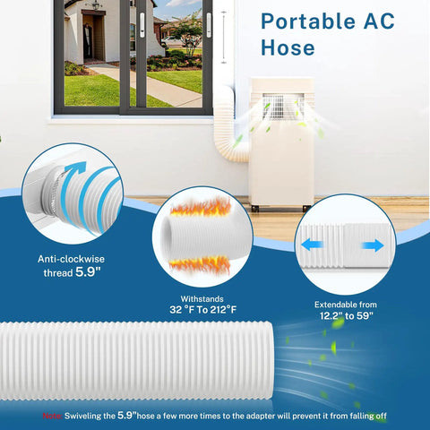 Portable AC Window Vent Kit With Five Point Nine Inch Exhaust Hose Universal Coupler And Adjustable Window Seal for sliding windows demonstration.