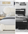Comparison showing the Snug Twin Bed Frame With Ultra Soft Cloud Boucle Fabric And Cream Upholstered Headboard Featuring Smooth Rounded Corners.