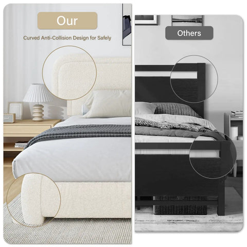 Comparison showing the Snug Twin Bed Frame With Ultra Soft Cloud Boucle Fabric And Cream Upholstered Headboard Featuring Smooth Rounded Corners.