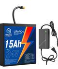 Heavy Duty 24V 15Ah LiFePO4 Battery Pack For DIY Electric Scooters And Vehicles giving 4000 Plus Deep Cycle life and charger.