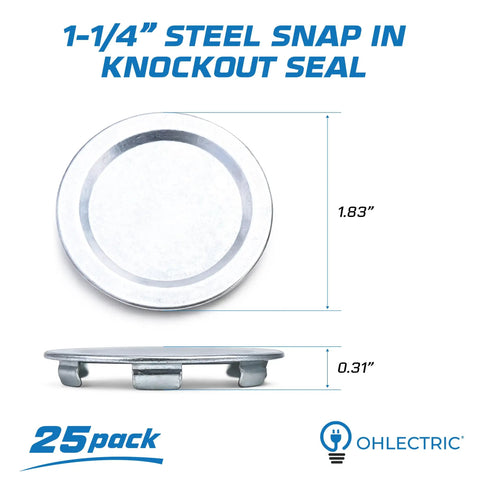 Heavy Duty Snap In Knockout Seals For Electrical Boxes Zinc Plated Steel Enclosure Plugs 1 1/4 Inch 25 Pack view showing diameter and thickness.