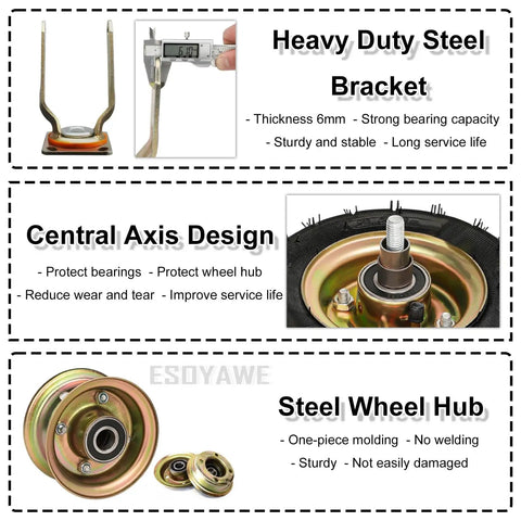 Heavy Duty Steel Bracket and Central Axis Design for Straight Up Heavy Duty 10 Inch Pneumatic Casters, Air Filled Rubber Wheels.