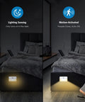 Six Pack Mini Motion Sensor Stair Lights Battery Powered Night Lights illuminating bed base in dark bedroom setting