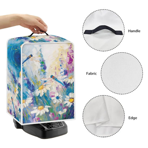 Slick Dragonfly Daisy Print Kitchen Appliance Cover With Heavy Duty Carry Handle protects coffee maker from dust and spills.