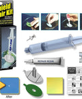 DIY Windshield Repair Kit 2 Pack With Deep Penetrating Resin That Cures In Sunlight, tools and resin shown for glass repair