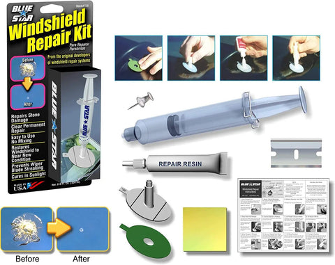 DIY Windshield Repair Kit 2 Pack With Deep Penetrating Resin That Cures In Sunlight, tools and resin shown for glass repair