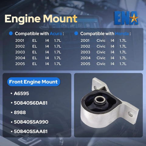 OEM Style Front Engine Motor Mount For Honda Civic And Acura El 1.7L Automatic shown from the side with compatibility details.