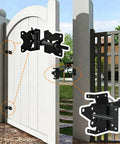 Heavy Duty Self Closing Gate Hinge And Latch Kit For Wooden Vinyl And PVC Fences displayed on white fence gate