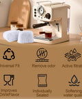 Cream Breville Barista Express/Pro espresso machine with six white charcoal water filters on countertop