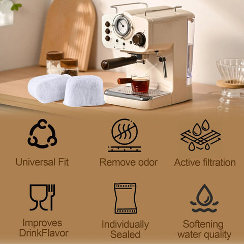 Cream Breville Barista Express/Pro espresso machine with six white charcoal water filters on countertop