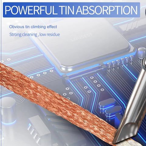 Desoldering Solder Wick Braided Copper Wire For PCB Boards 2.0mm By 1.5m R300 2 Pack Top Notch Quality No Halide, shown absorbing tin from PCB
